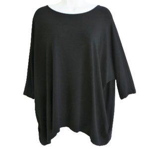 Eileen Fisher Black Tunic Top Skinny Dolman Sleeve Sharkbite Hem Stretchy Boxy S